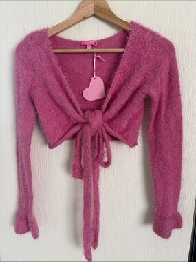 Sugar Thrillz Cherish My Love Wrap Pink Fuzzy Tie-Front Crop Cardigan Sweater